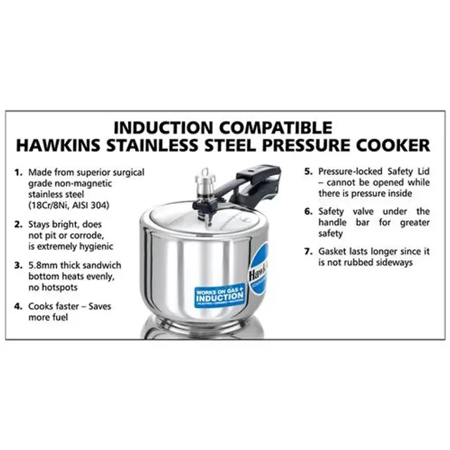 Hawkins Stainless Steel Inner Lid Pressure Cooker - Tall, Induction Base, With Handle, Silver, HSS3T, 3 l-4.webp